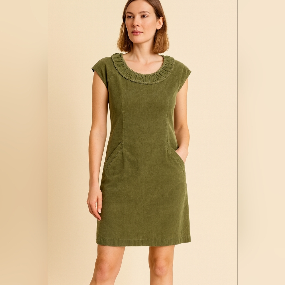 Boden Olive Green Corduroy Midi Dress Women 4R Ruffle Neck Pockets Short Sleeve